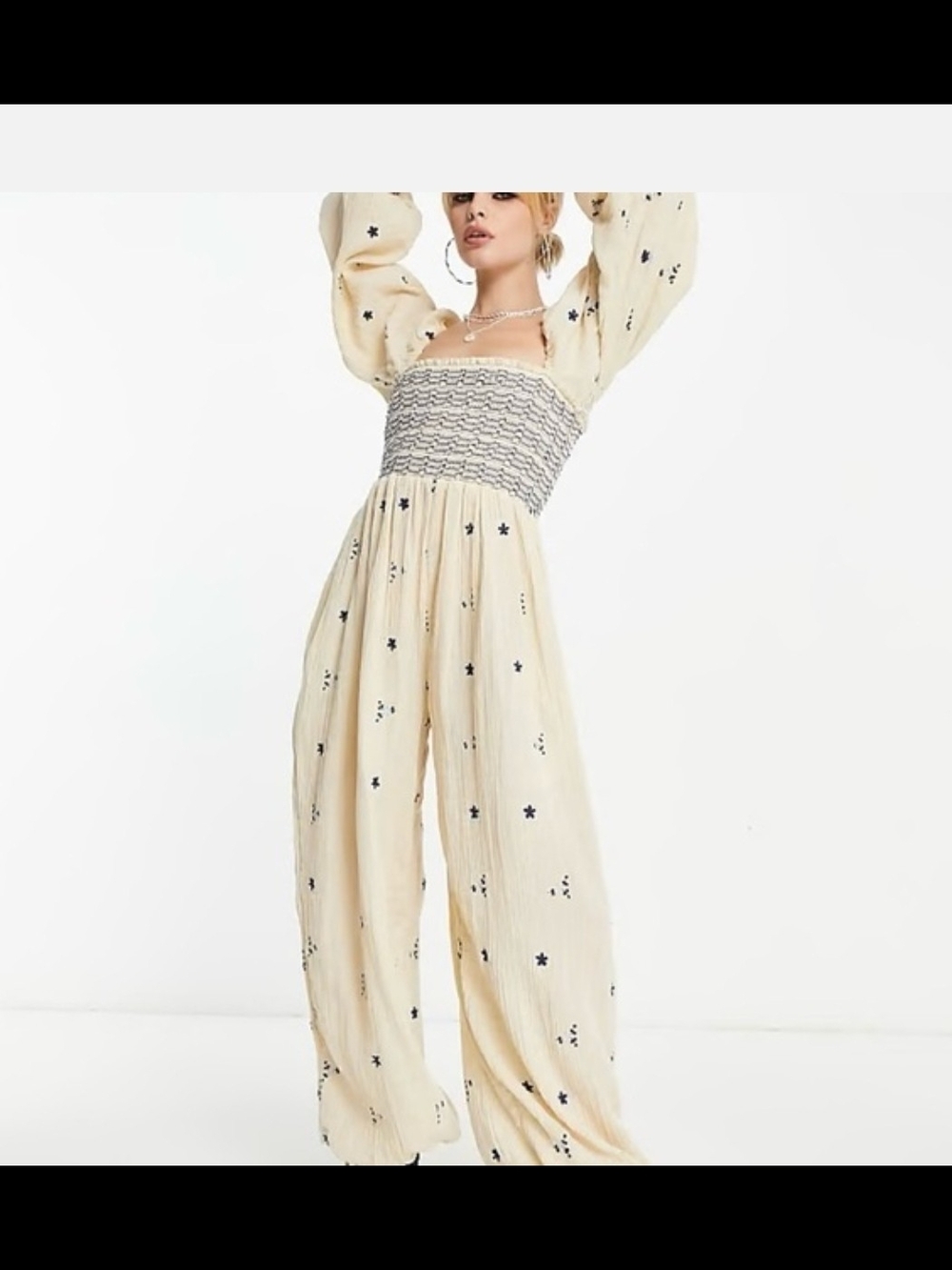 Free People Dahlia Cream Smocked Jumpsuit, Ankle Ties. Medium Cute And Sexy